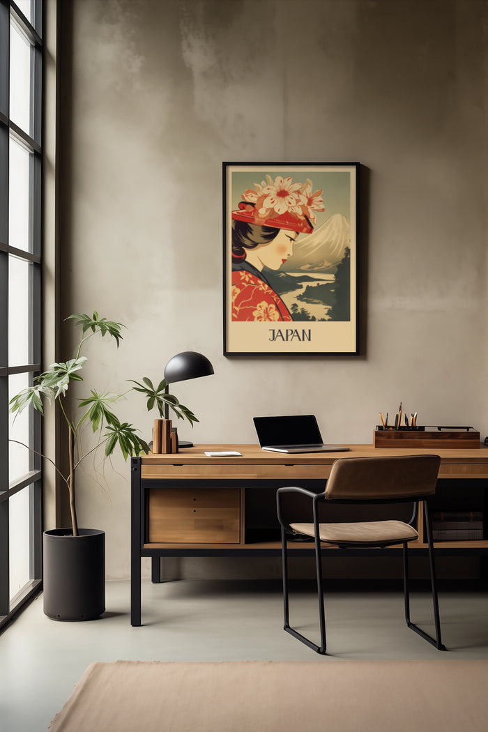Elegant vintage Japanese travel poster with a woman in traditional attire and floral hat featuring Mount Fuji, displayed in a modern office interior