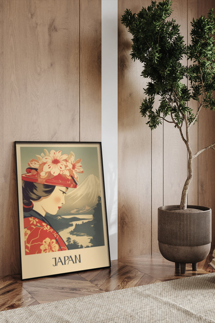Vintage Japanese travel poster featuring a geisha with Mount Fuji in the background in a modern interior