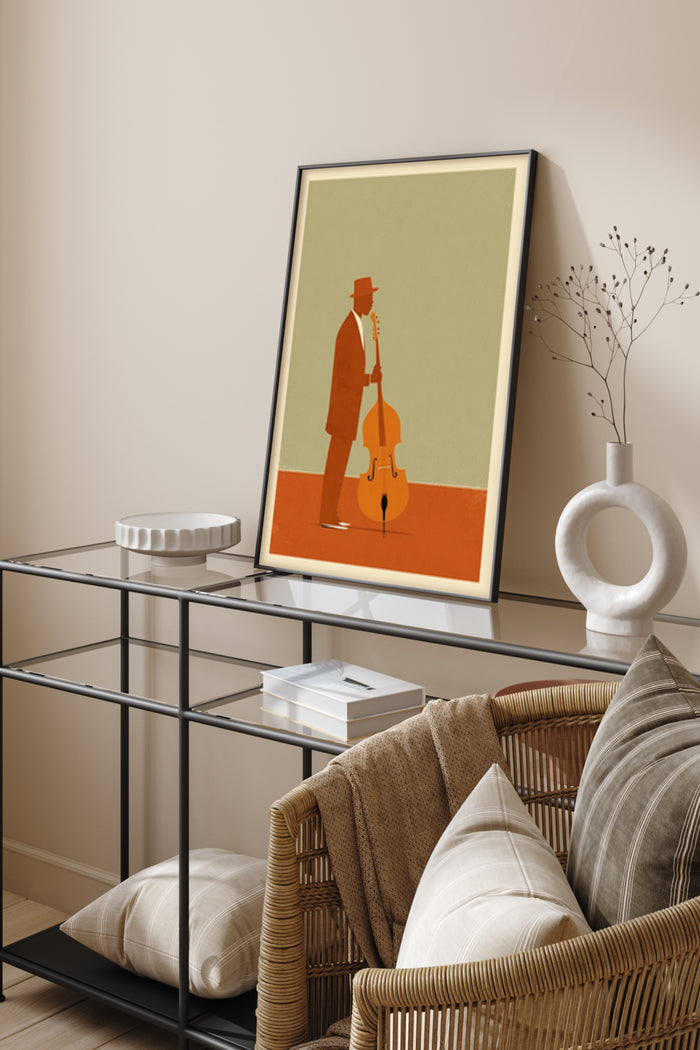Vintage Jazz Musician with Cello Poster in Stylish Modern Home Interior