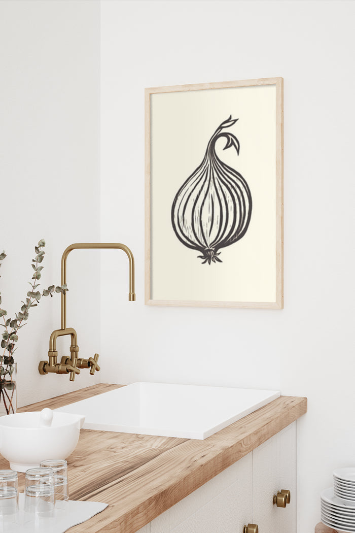 Elegant vintage kitchen artwork of an onion illustration in a wooden frame mounted on a wall