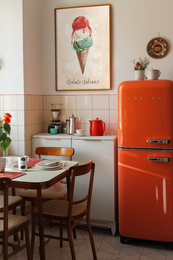 Vintage kitchen interior with 'Gelato Italiano' ice cream poster, retro orange fridge, and cozy dining setup