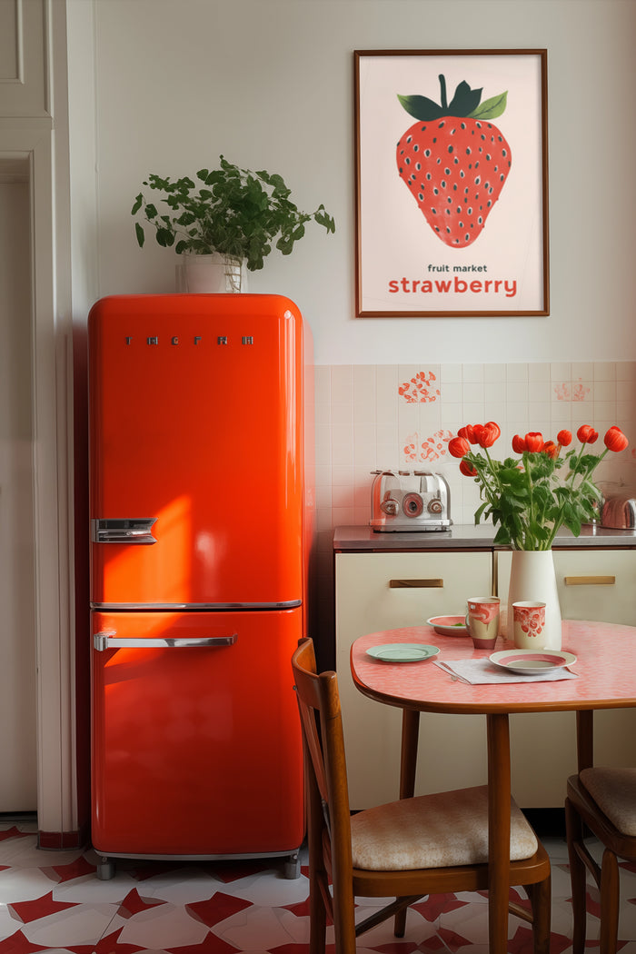 Vintage styled kitchen interior with retro orange fridge and strawberry fruit market poster on the wall