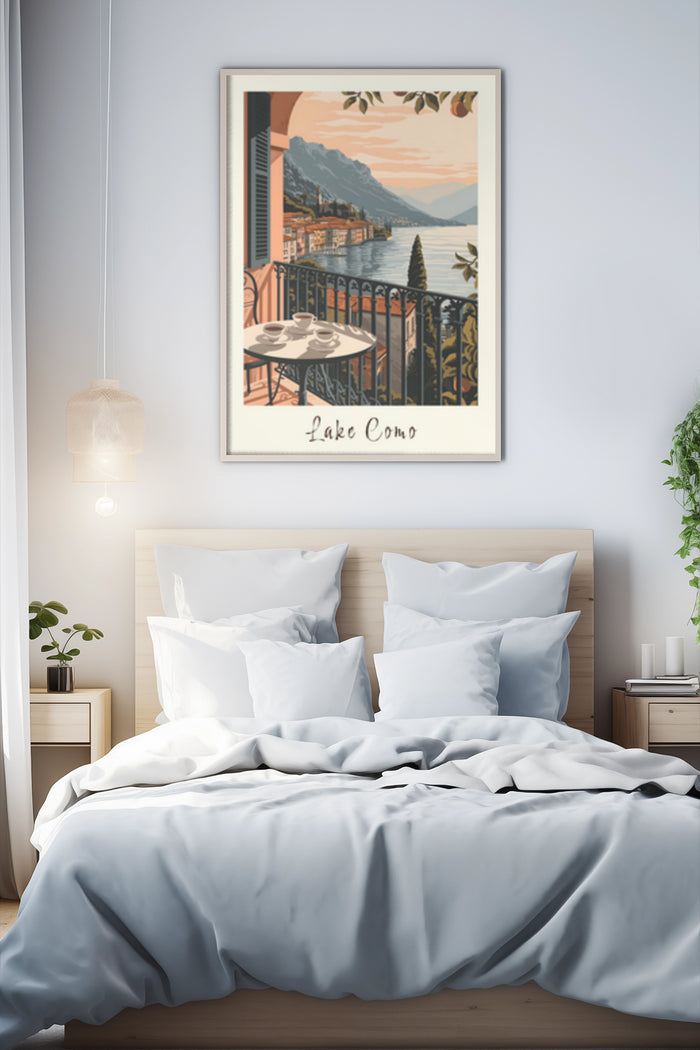 Vintage Lake Como travel poster in a cozy bedroom setting