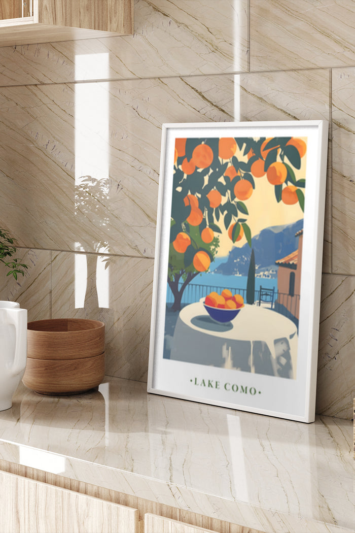 Vintage Lake Como travel poster with orange tree and lake view in a modern interior setting