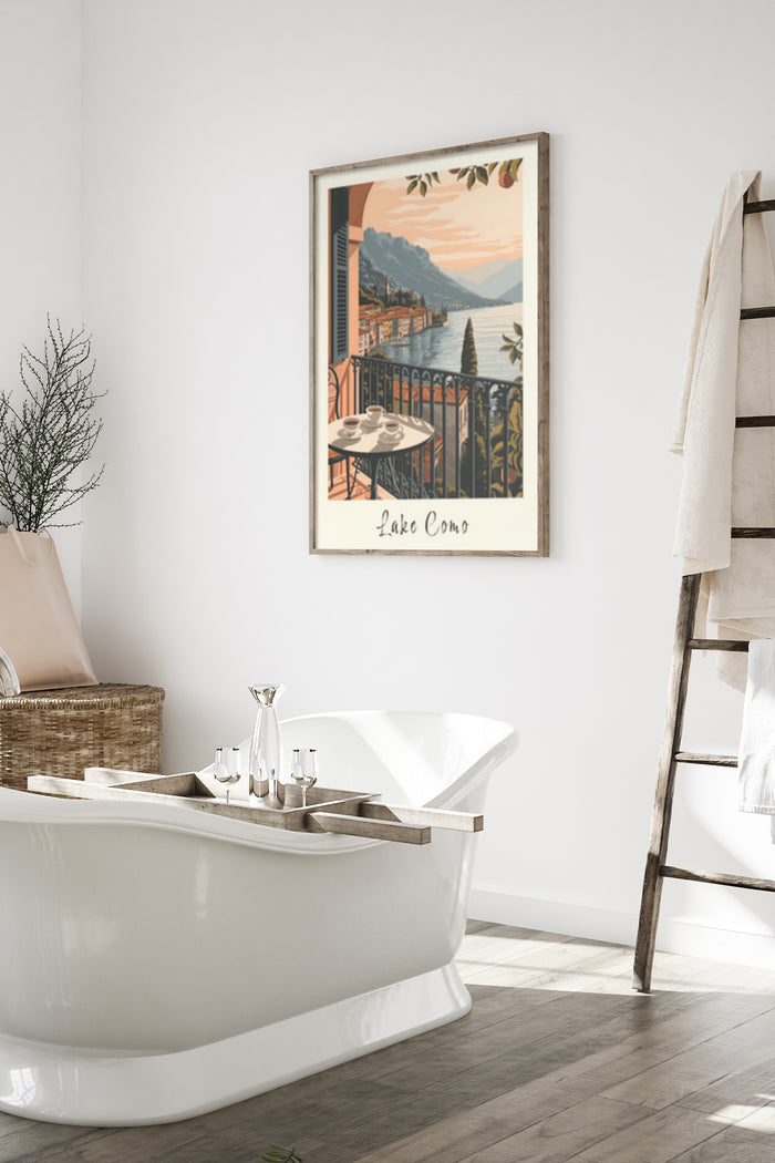 Vintage travel poster of Lake Como displayed above bathtub in a contemporary bathroom setting