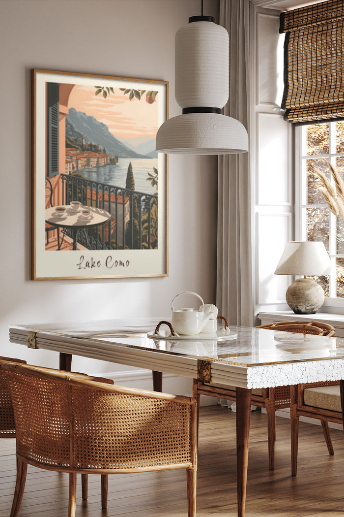 Vintage style travel poster of Lake Como displayed in a contemporary dining room