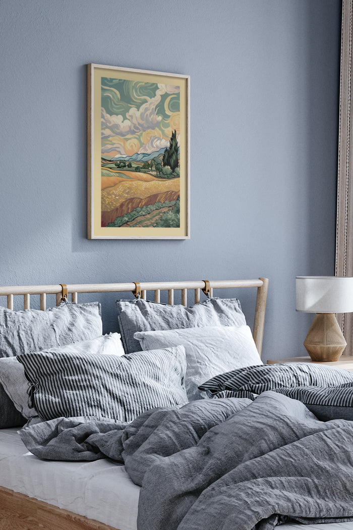 Vintage styled landscape poster with swirling clouds and rolling hills framed on a bedroom wall