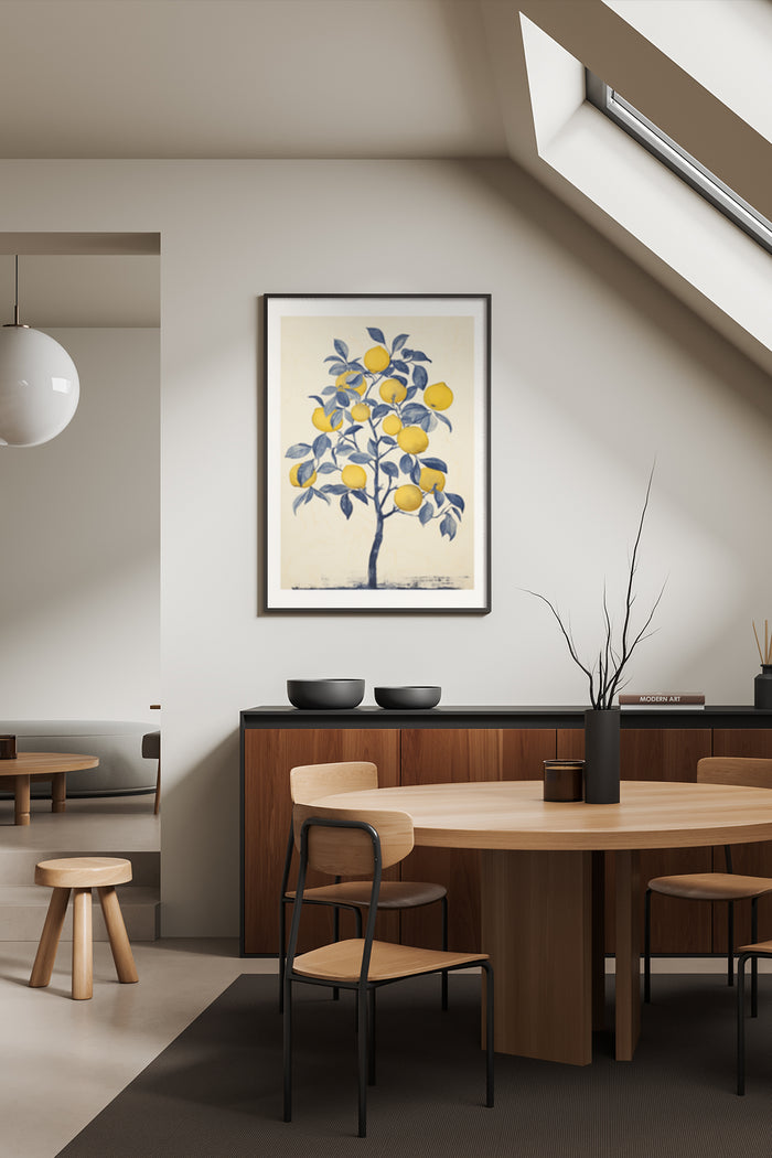 Vintage lemon tree poster in a modern dining room setting