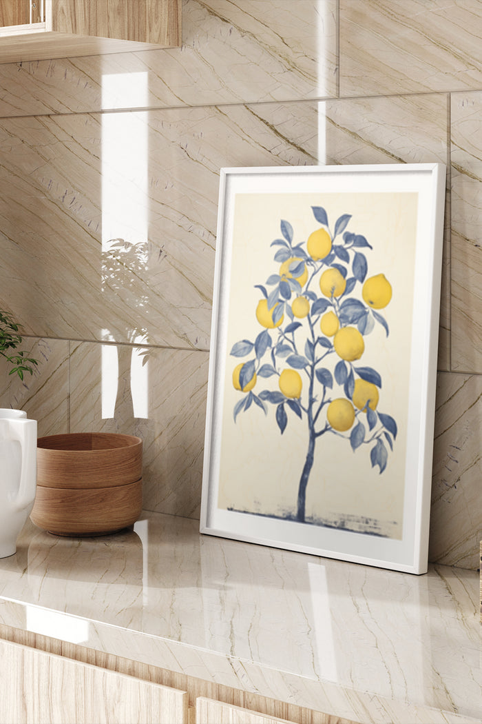 Vintage Lemon Tree Artwork Poster in White Frame on Marble Surface Interior Decoration