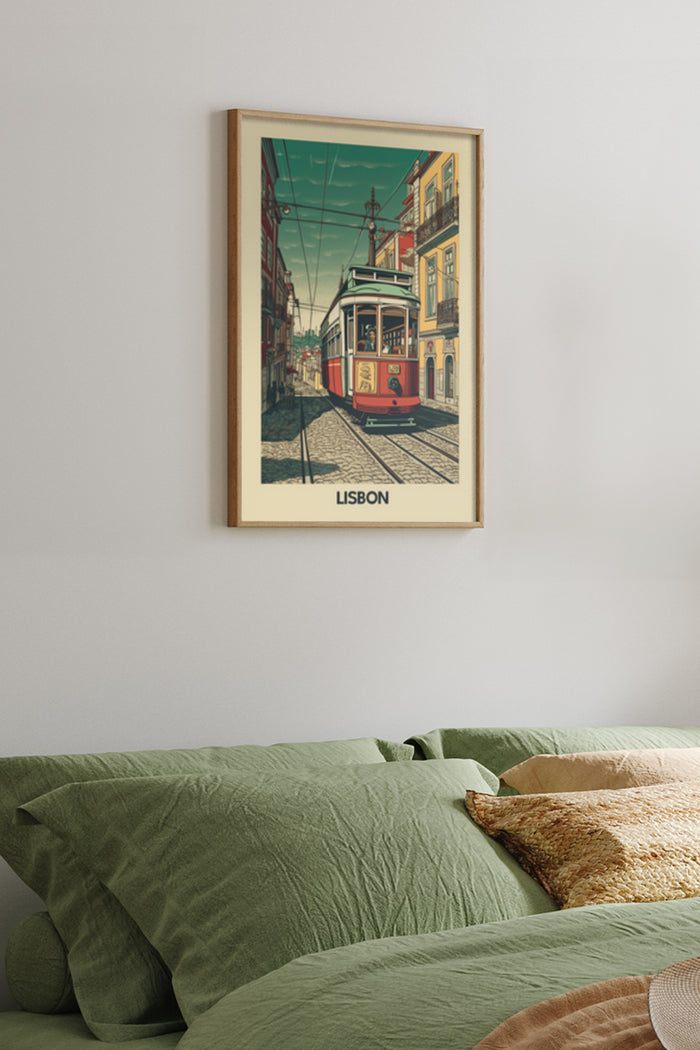 Vintage Lisbon tram poster artwork hanging on bedroom wall