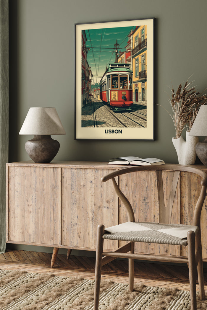 Vintage style poster of Lisbon tram displayed in a contemporary room setting