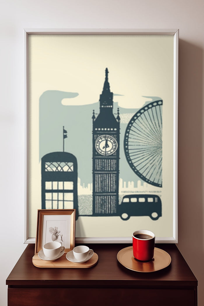 Vintage London landmarks illustrated poster with Big Ben, London Eye, red bus and telephone booth
