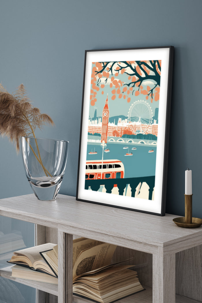 Vintage inspired art poster featuring iconic London landmarks with autumnal tree branches