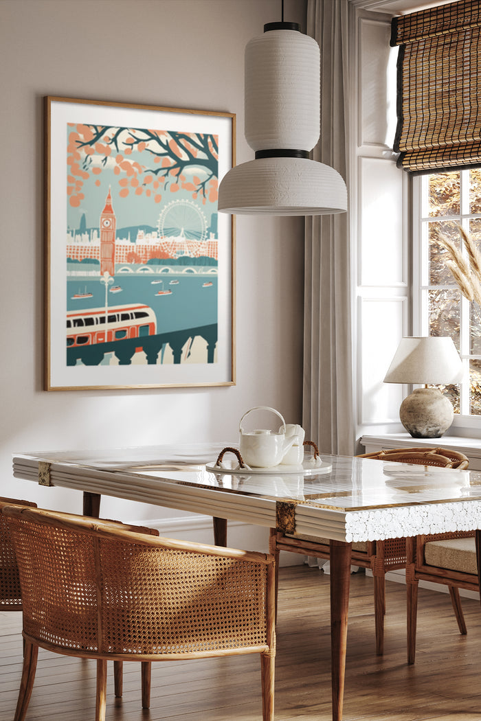 Vintage London travel poster featuring iconic landmarks in a stylish interior setting
