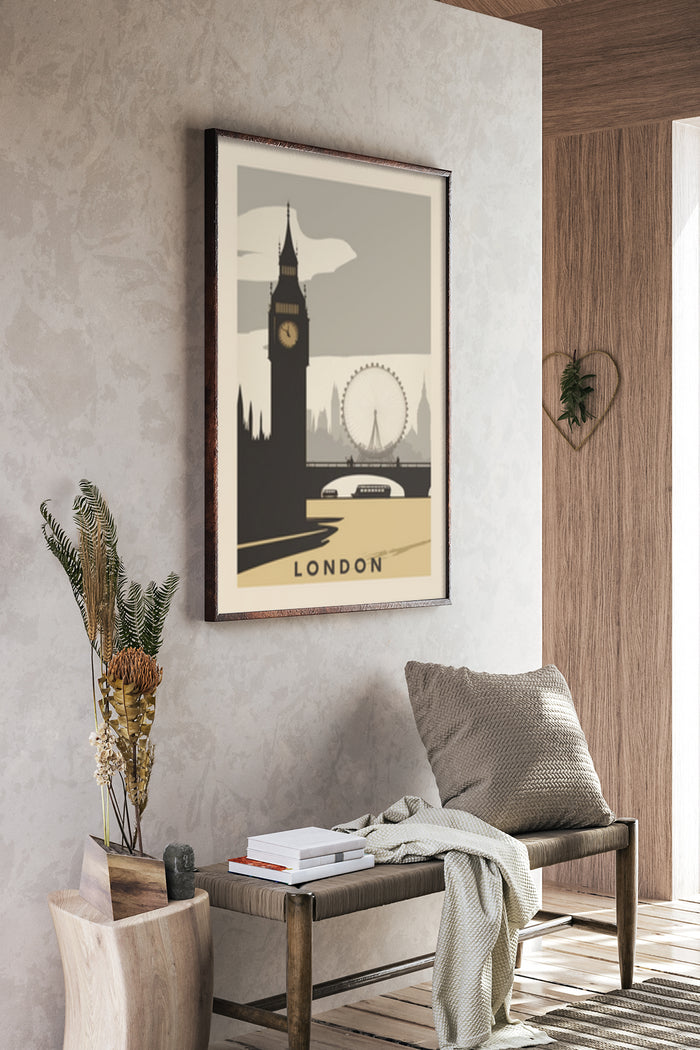 Stylized vintage London travel poster with iconic landmarks Big Ben and the London Eye