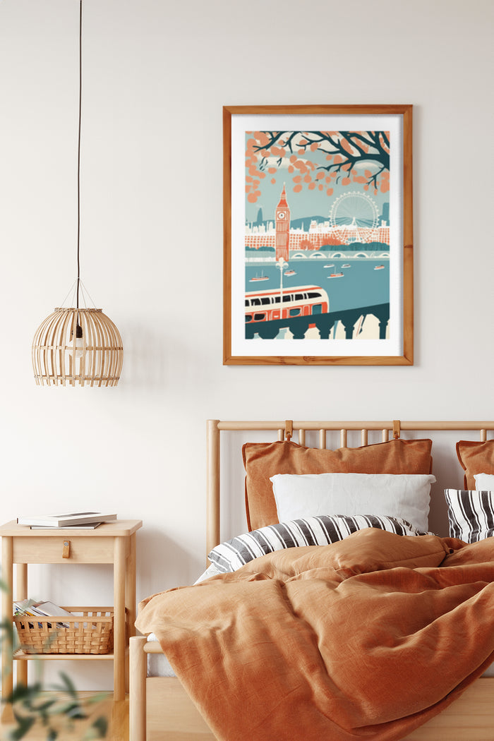 Vintage style travel poster of London with Big Ben and London Eye in a cozy bedroom setting
