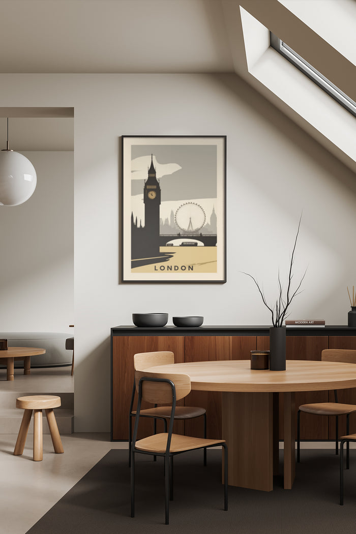 Stylish vintage London travel poster featuring Big Ben and the London Eye in minimalist design, displayed in modern interior