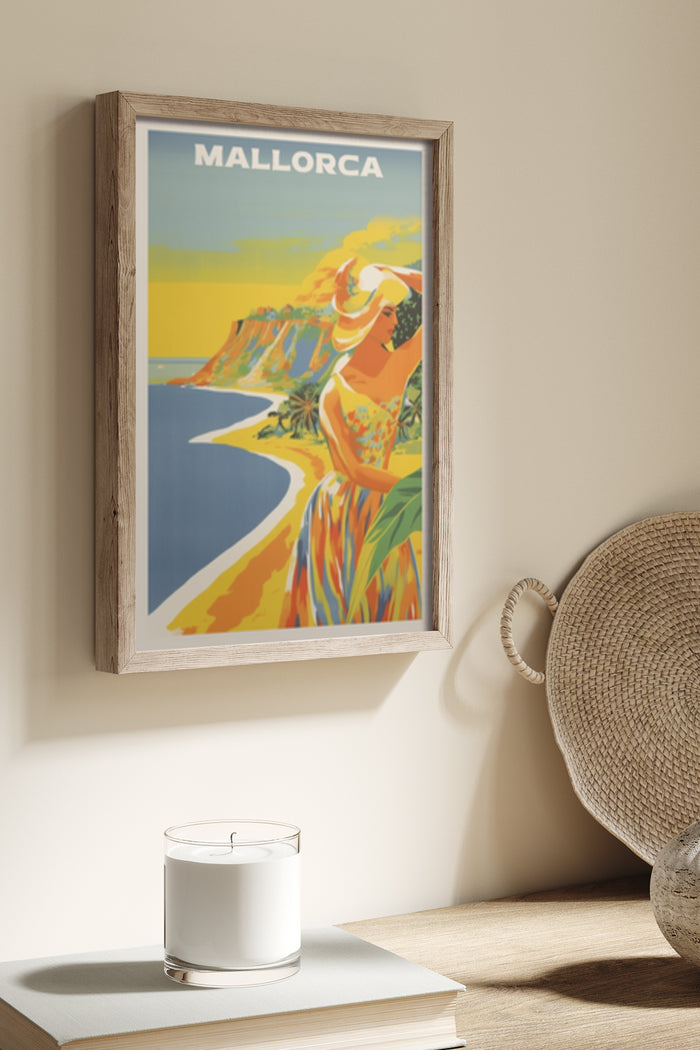 Vintage Mallorca Travel Poster with Elegant Woman and Coastal View Framed Artwork