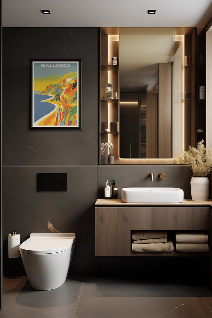 Vintage inspired Mallorca travel poster displayed in a stylish contemporary bathroom setting