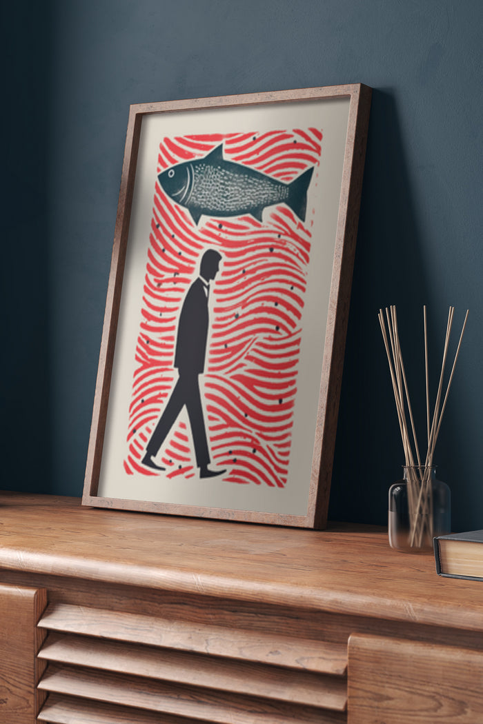 Vintage Abstract Art Poster of Man Walking Under a Large Fish