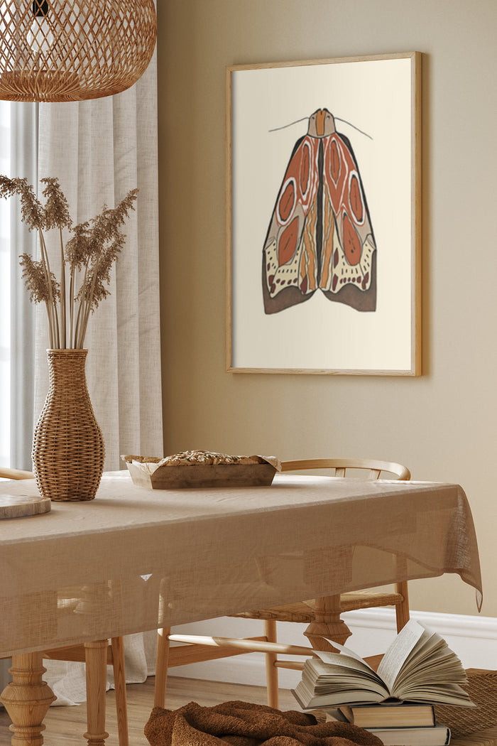 Vintage moth illustration art poster framed on a wall in a contemporary dining room setting