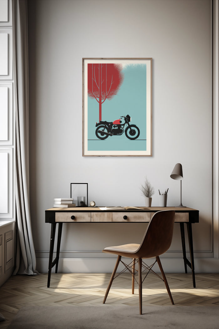 Vintage red motorcycle with stylized red tree in minimalist art poster