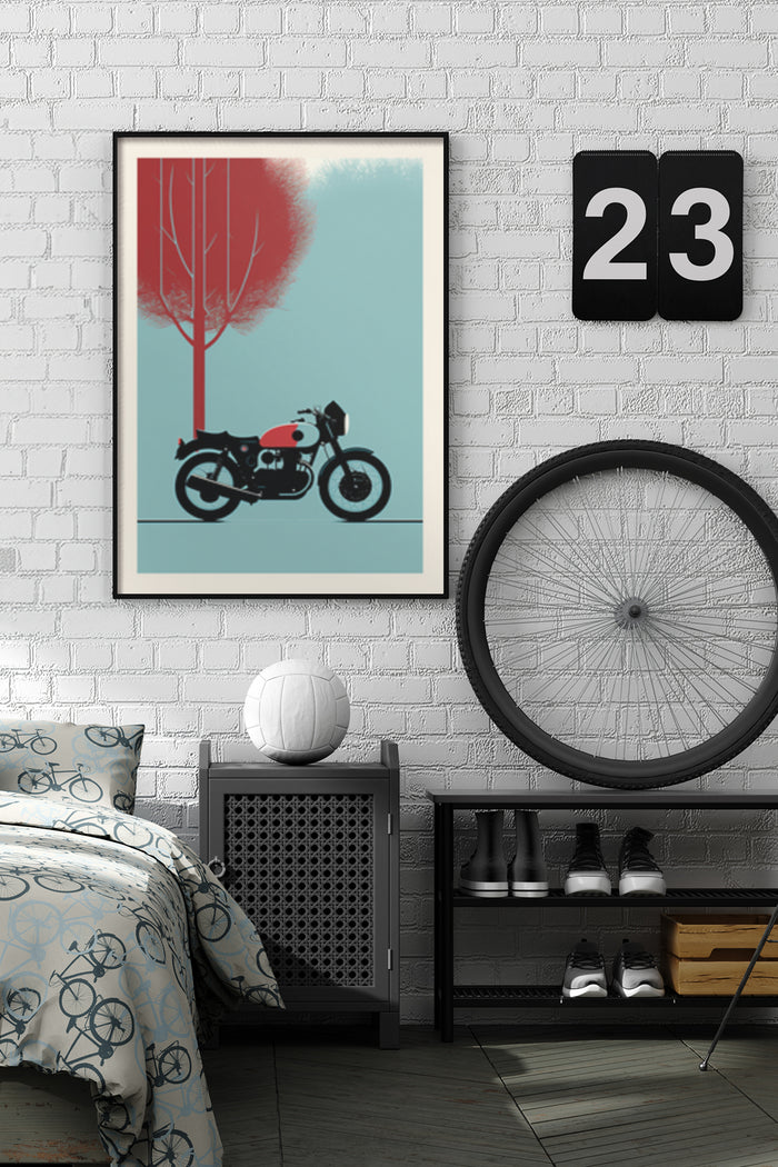 Stylish bedroom interior with poster featuring a red tree and vintage motorcycle design