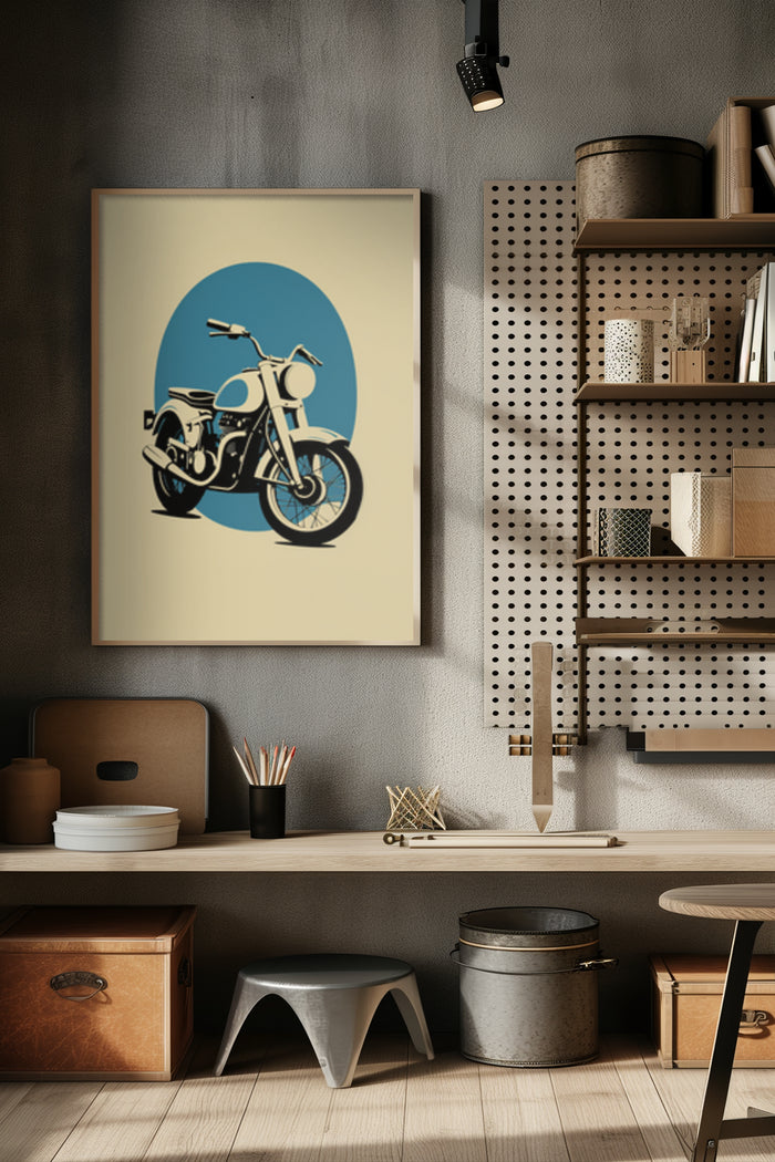 Vintage motorcycle artwork poster on beige wall above stylish workspace with shelves
