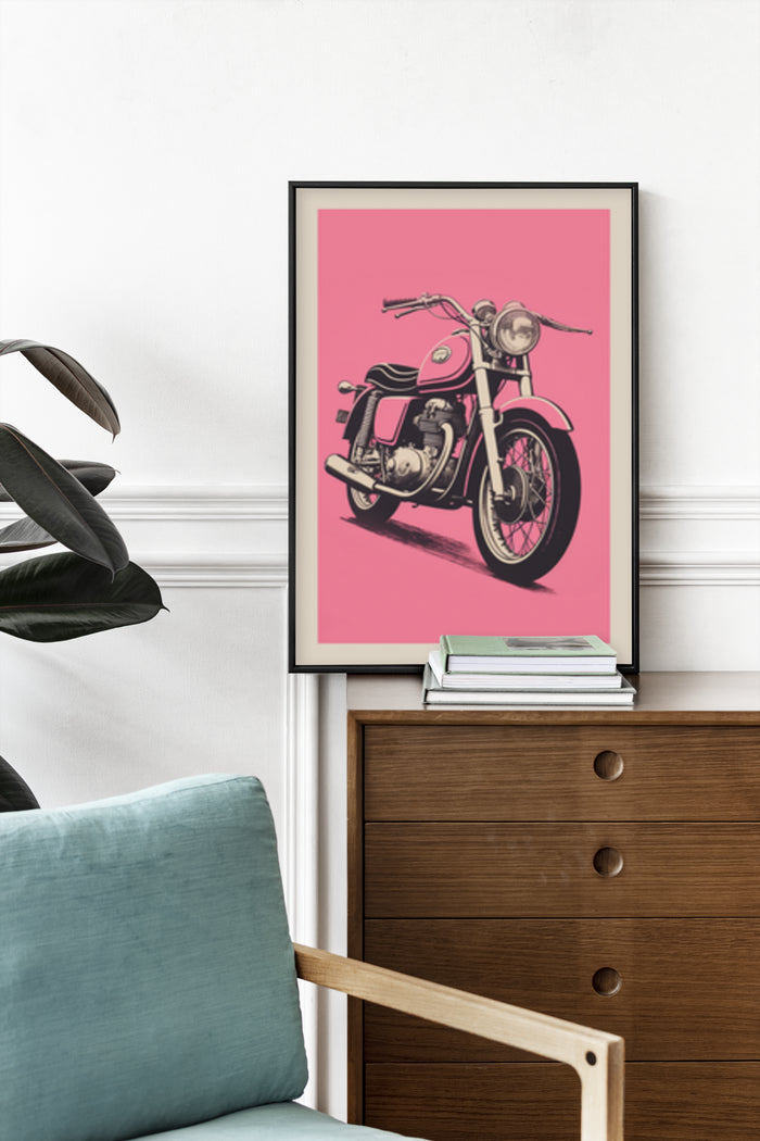 Vintage Motorcycle Poster Art with Pink Background in a Modern Room