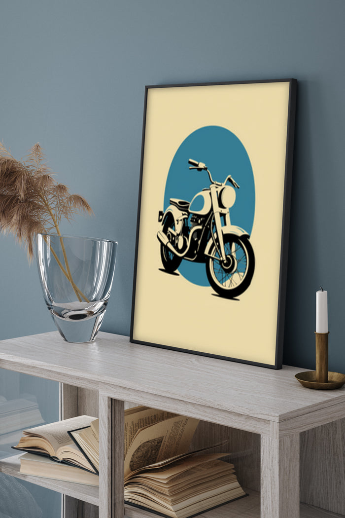 Stylish vintage motorcycle poster framed on a modern home interior shelf