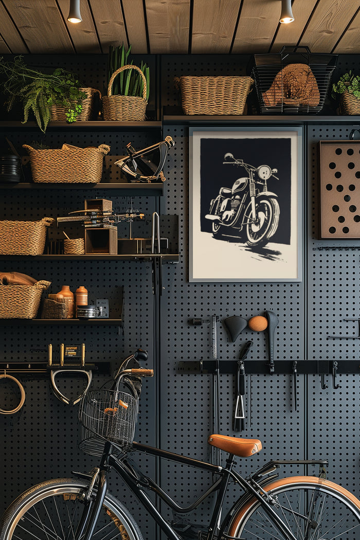 Vintage-style motorcycle artwork on wall poster in a modern home interior with decorative shelving, plants, and a classic bicycle