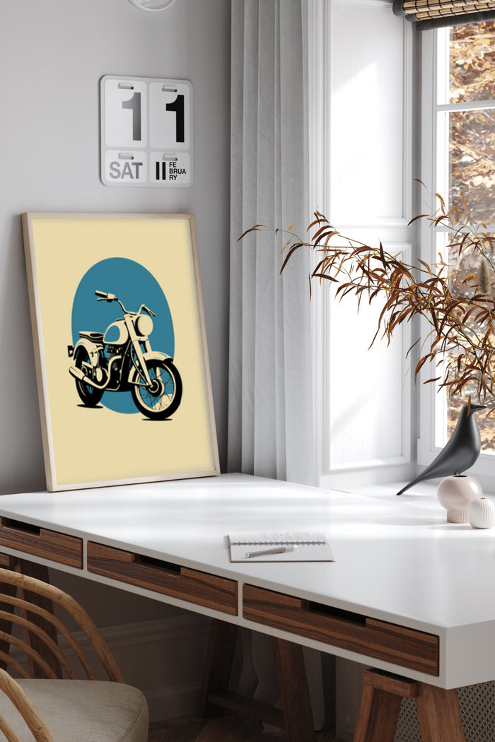 Stylish vintage motorcycle poster framed on desk in modern home interior