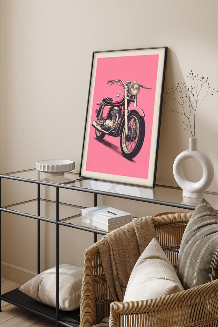 Vintage Motorcycle Poster with Pink Background on Living Room Wall