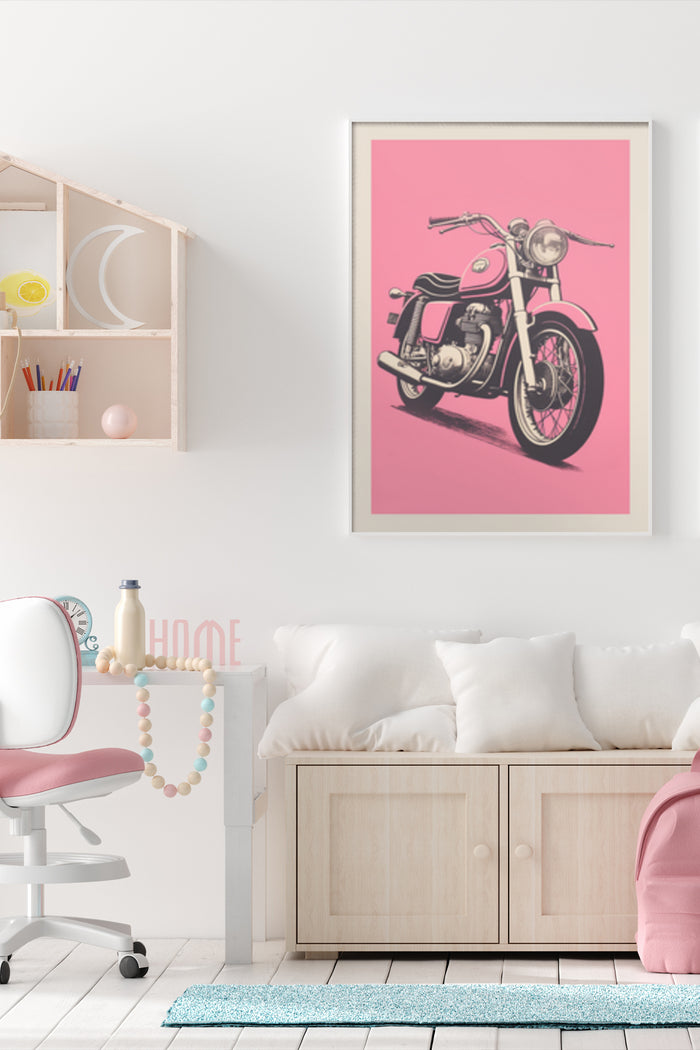 Vintage Motorcycle Poster with Pink Background in Stylish Home Interior