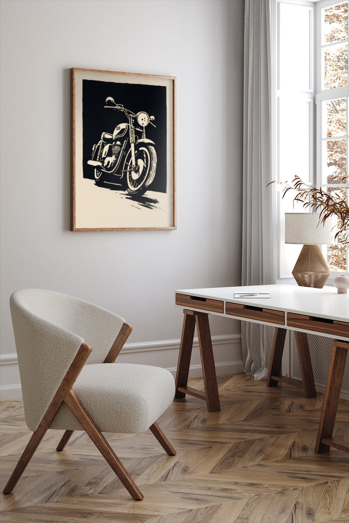 Vintage black and white motorcycle poster in wooden frame on modern home interior wall