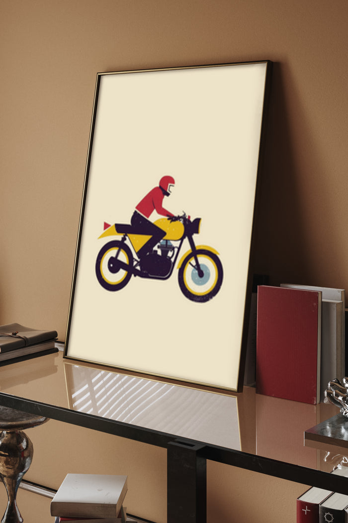 Vintage style poster of a motorcycle racer in action displayed in modern interior