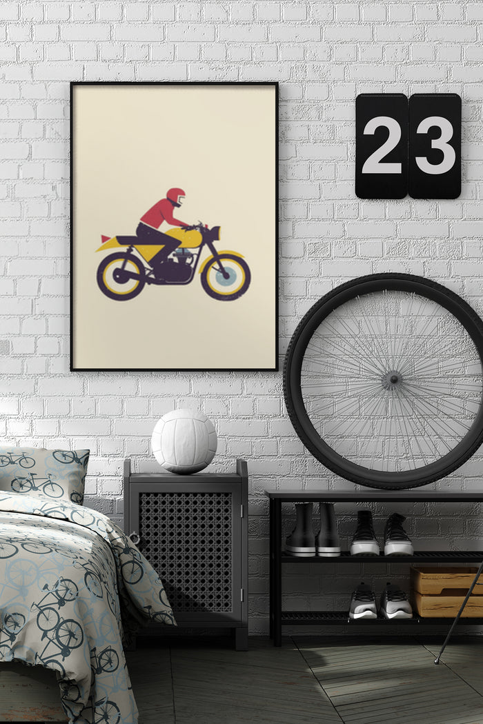 Vintage-style poster of a rider on a yellow and purple motorcycle in a modern bedroom setting