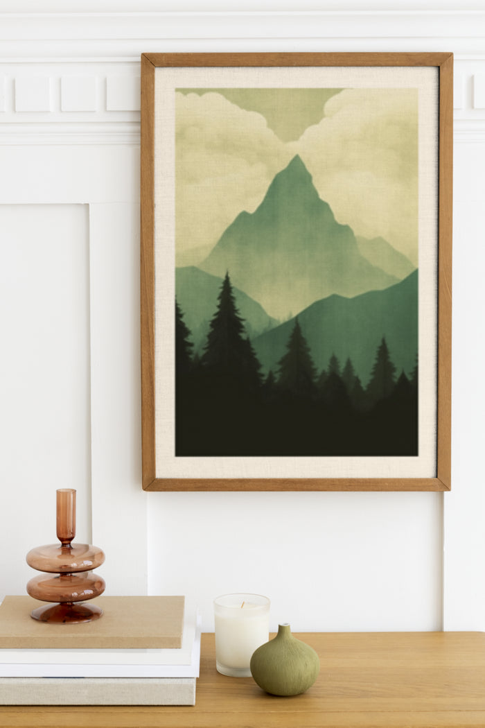 Vintage mountain landscape poster framed on wall above modern home decor