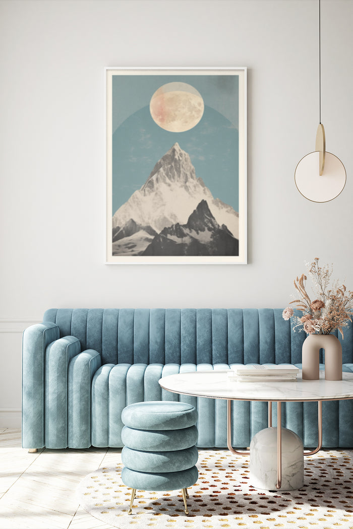 Vintage mountain and moon poster art in modern living room interior