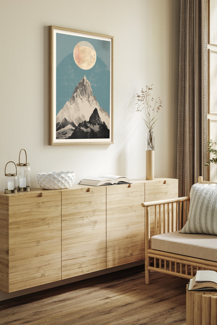 Vintage style poster of mountain and moon in modern interior setting