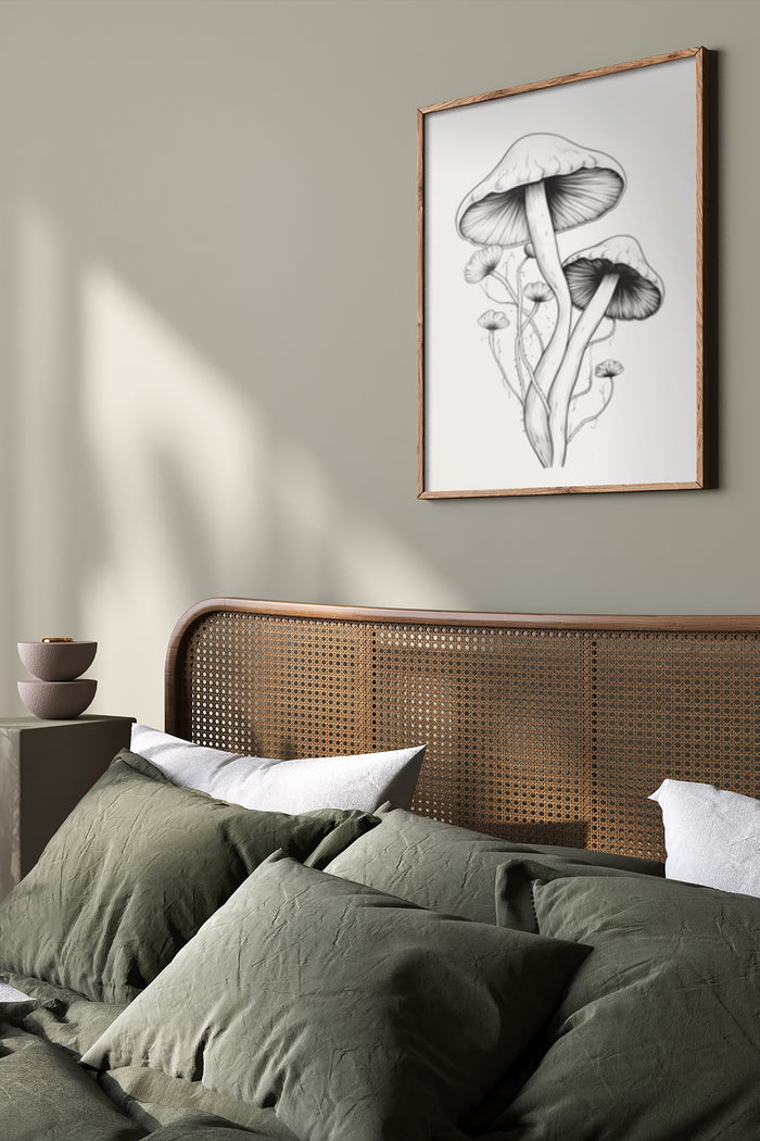 Vintage styled mushroom illustration in a framed poster above a bed with green linen and a rattan headboard