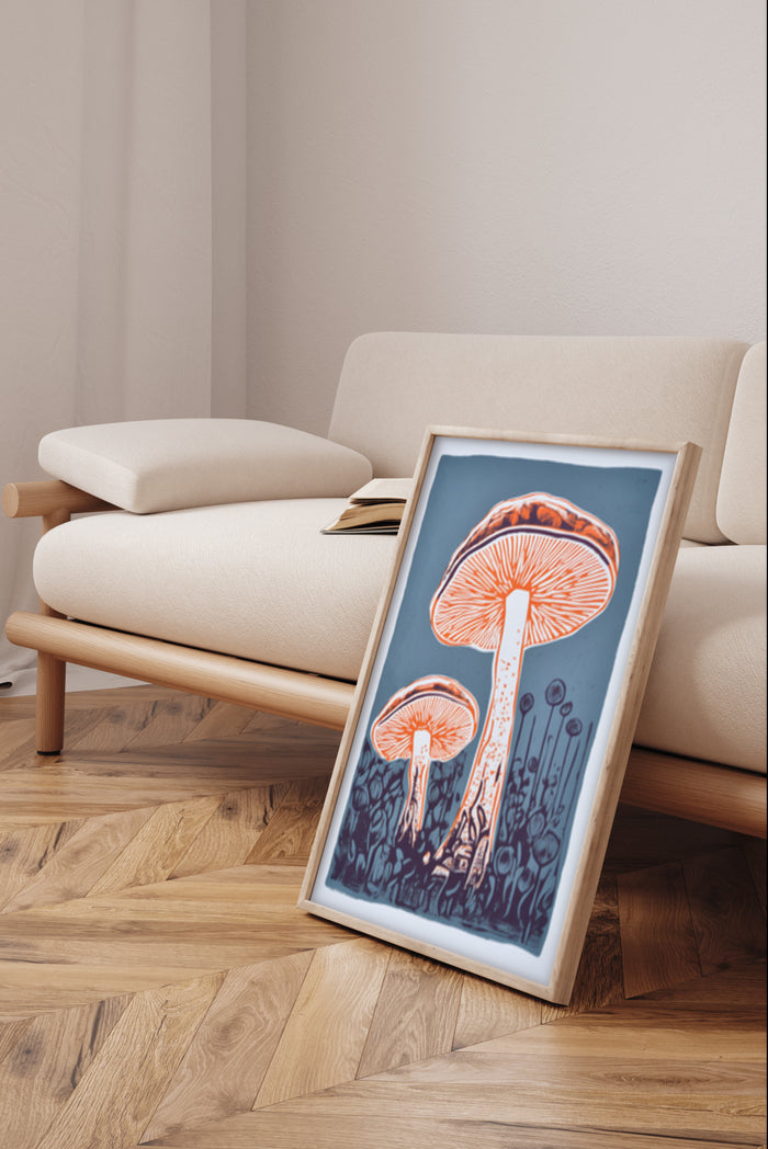 Vintage styled mushroom illustration poster in a modern interior setting
