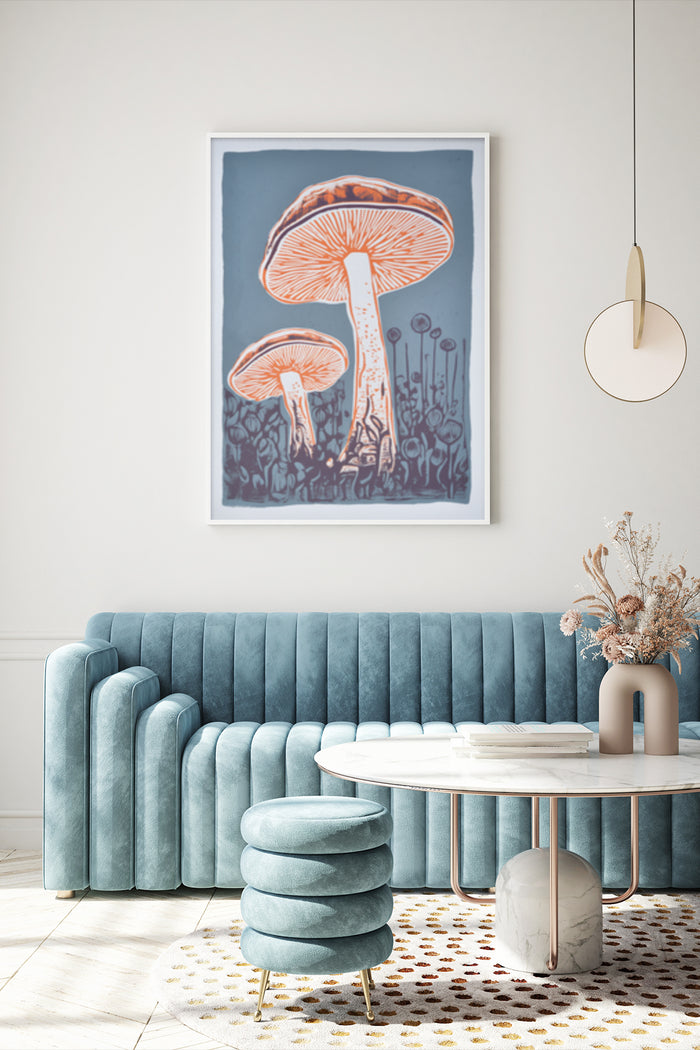 Vintage mushroom wall art poster in modern interior design setting