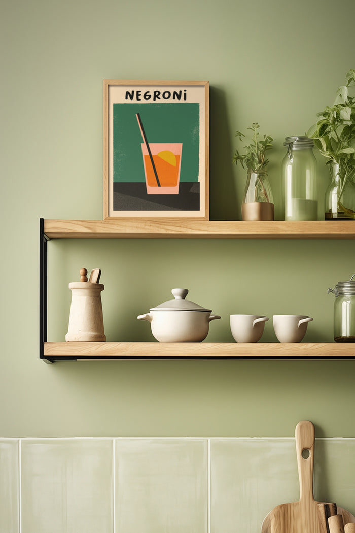 Vintage Negroni cocktail poster in kitchen interior with wooden shelf and ceramic tableware