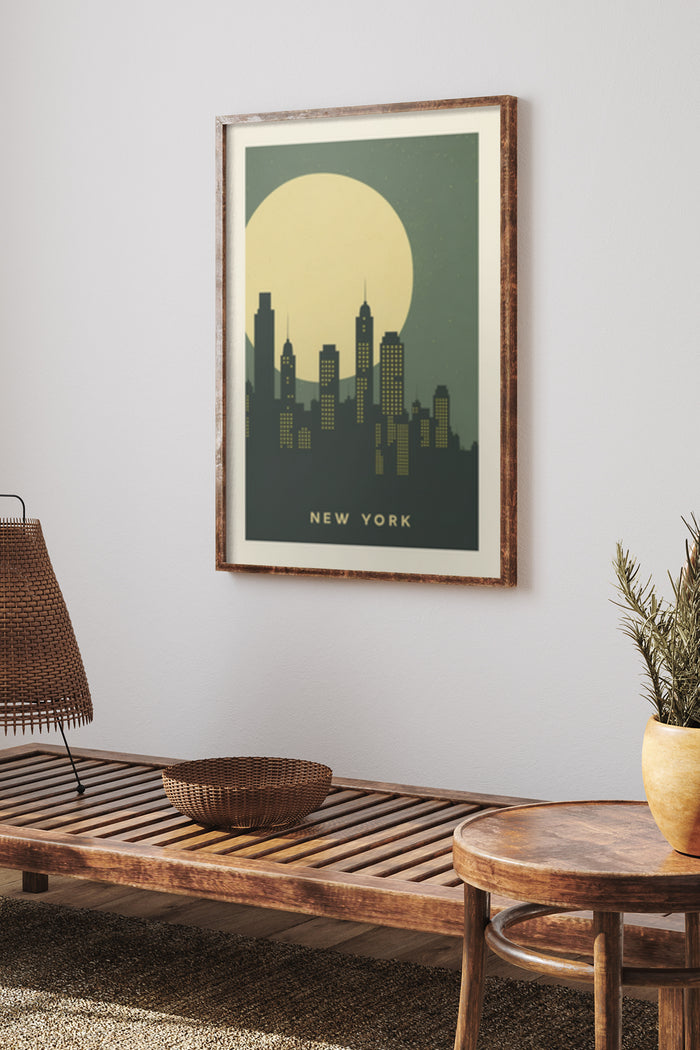 Vintage style New York City poster with moon backdrop in a modern interior setting