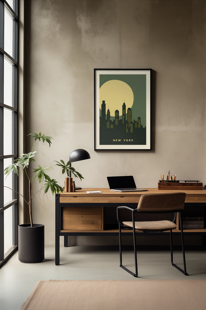Vintage style New York City poster above wooden desk in stylish modern office workspace