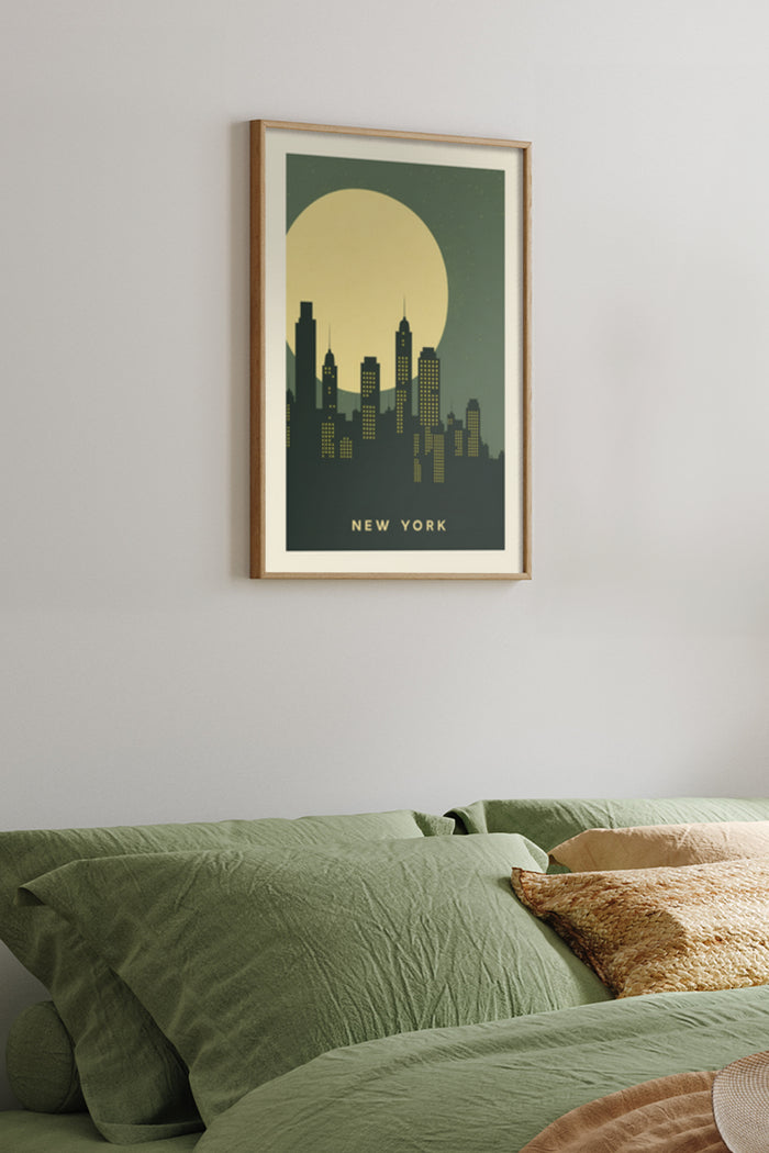 Vintage New York City Skyline Poster Art in Bedroom Setting