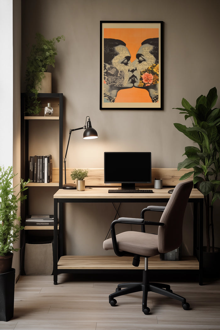 Vintage newspaper style artwork featuring silhouettes with orange backdrop and flowers in a contemporary home office setting