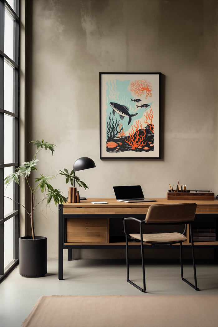 Vintage ocean life artwork with whale and coral in a stylish office setup