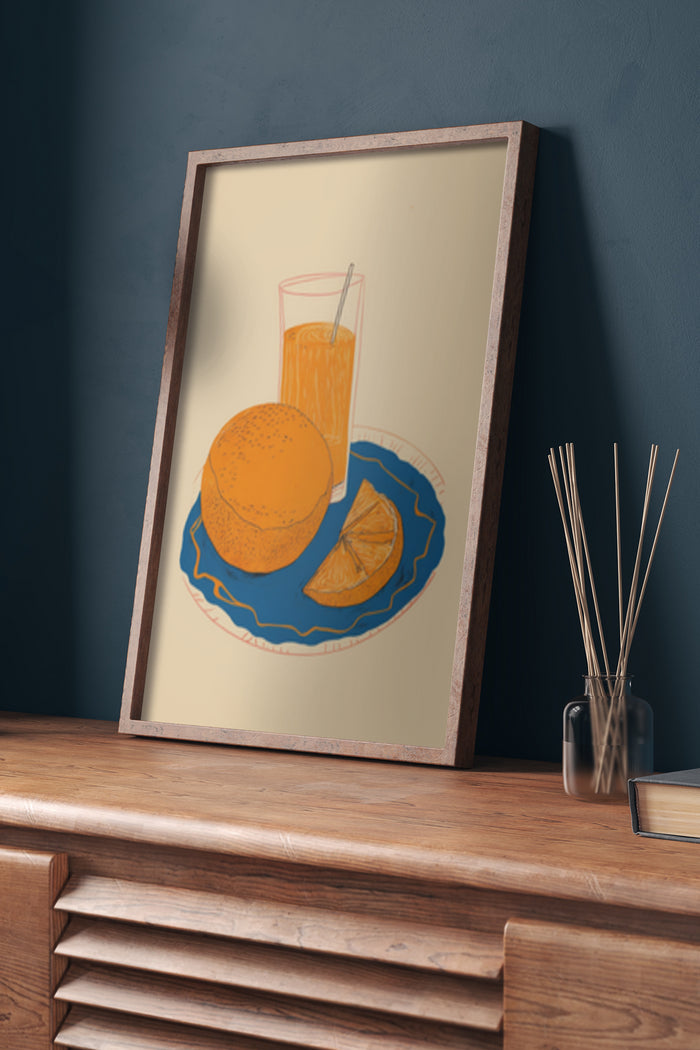 Vintage orange juice poster with glass of juice and sliced orange, artistically presented in a frame on a wooden cabinet